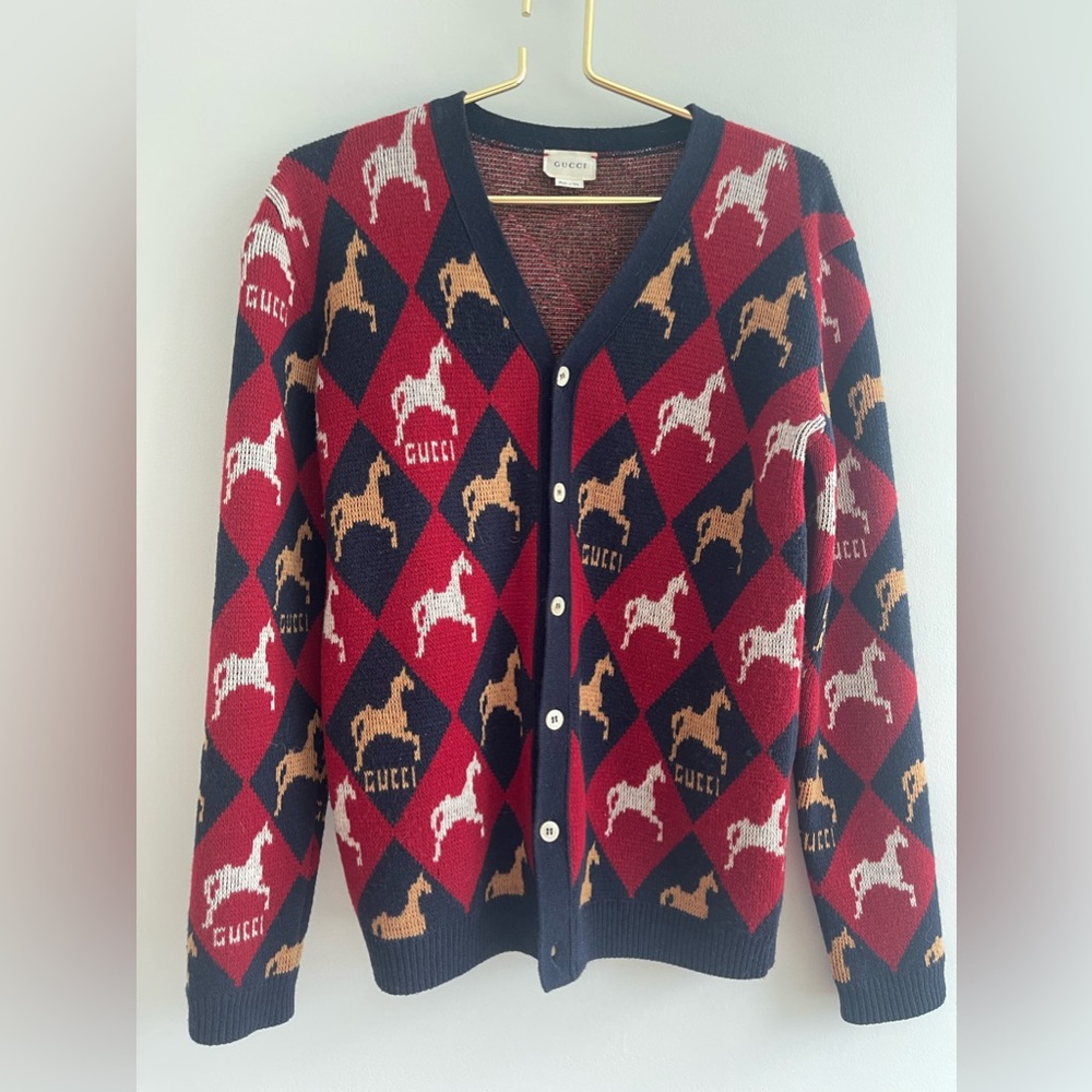 Gucci Wool Argyle Cardigan Sweater w/ Horse Intarsia, 12 Y, almost new